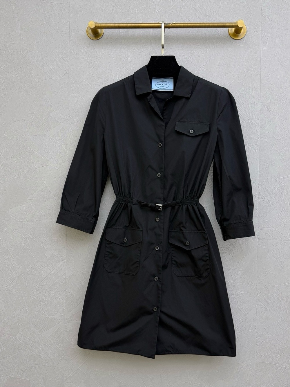 Prada Black Midi Shirt Dress with Belted Waist